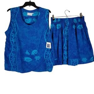Bali Batiks Womens Large Blue Hand Painted Rayon Tank Top Shorts Set NWT Coastal